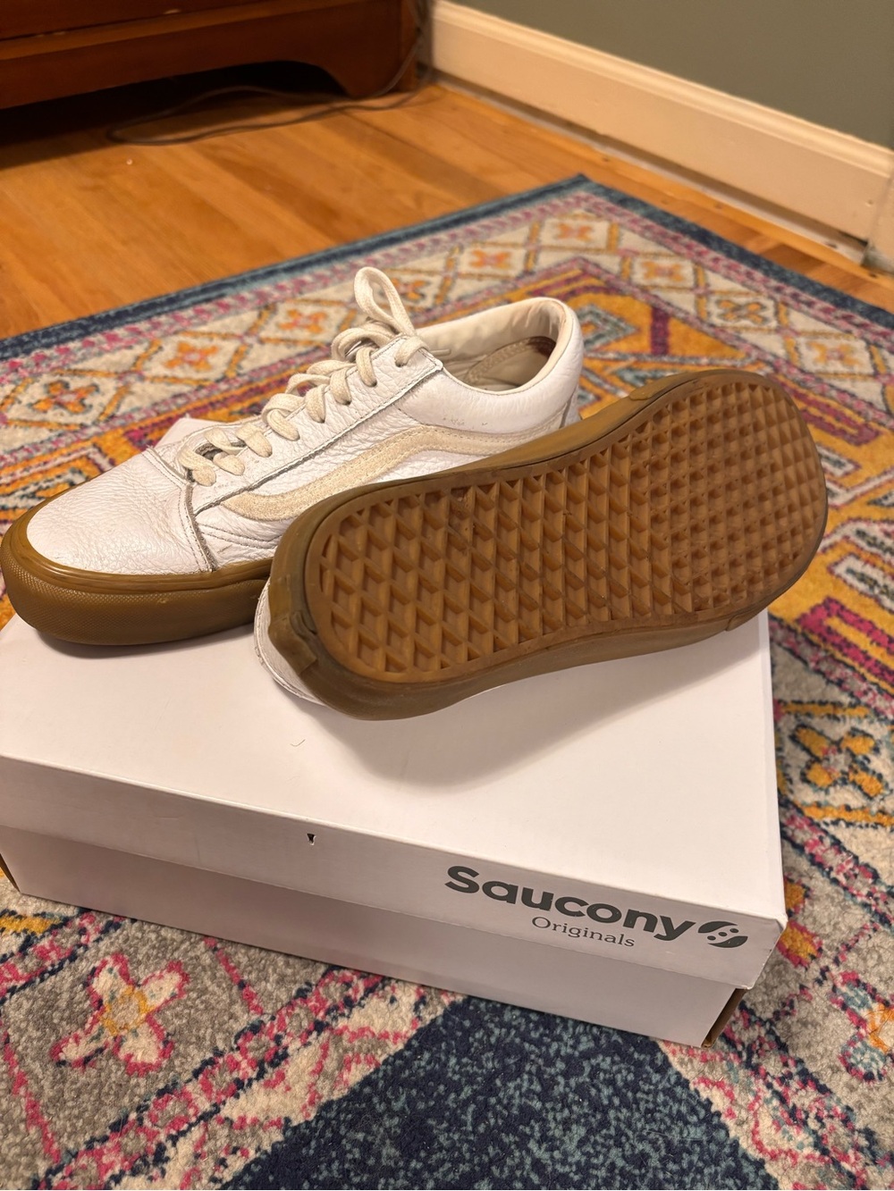 Vans White Leather Low-Top Sneakers with Gum Sole